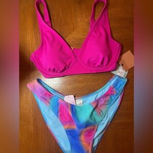 Fuchsia Bikini Top with Multicolor Tie-Dye Bottom